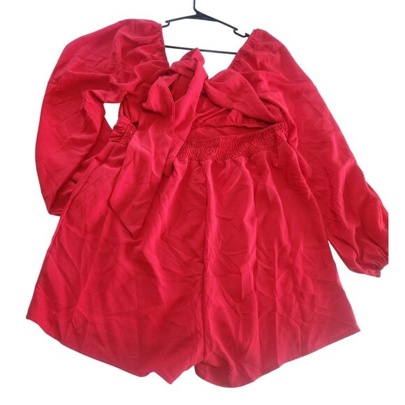 Red Off Shoulder Bow Tie Back Long Sleeve Romper Women's Size XL - Picture 5 of 8